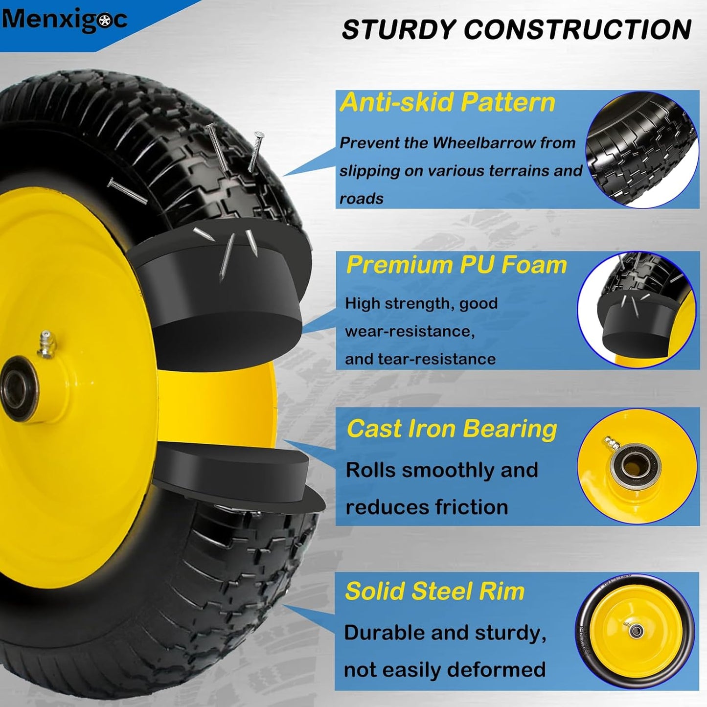 4.80/4.00-8 Tire, 14.5" Tire and Wheel Flat Free, 5/8" Bore Bearing with 3/4" Extra Bearings with 3" Centered Hub - Universal for 4.80-8 4.00-8 4.00-6 3.50/3.00-8 Wheelbarrow Tires