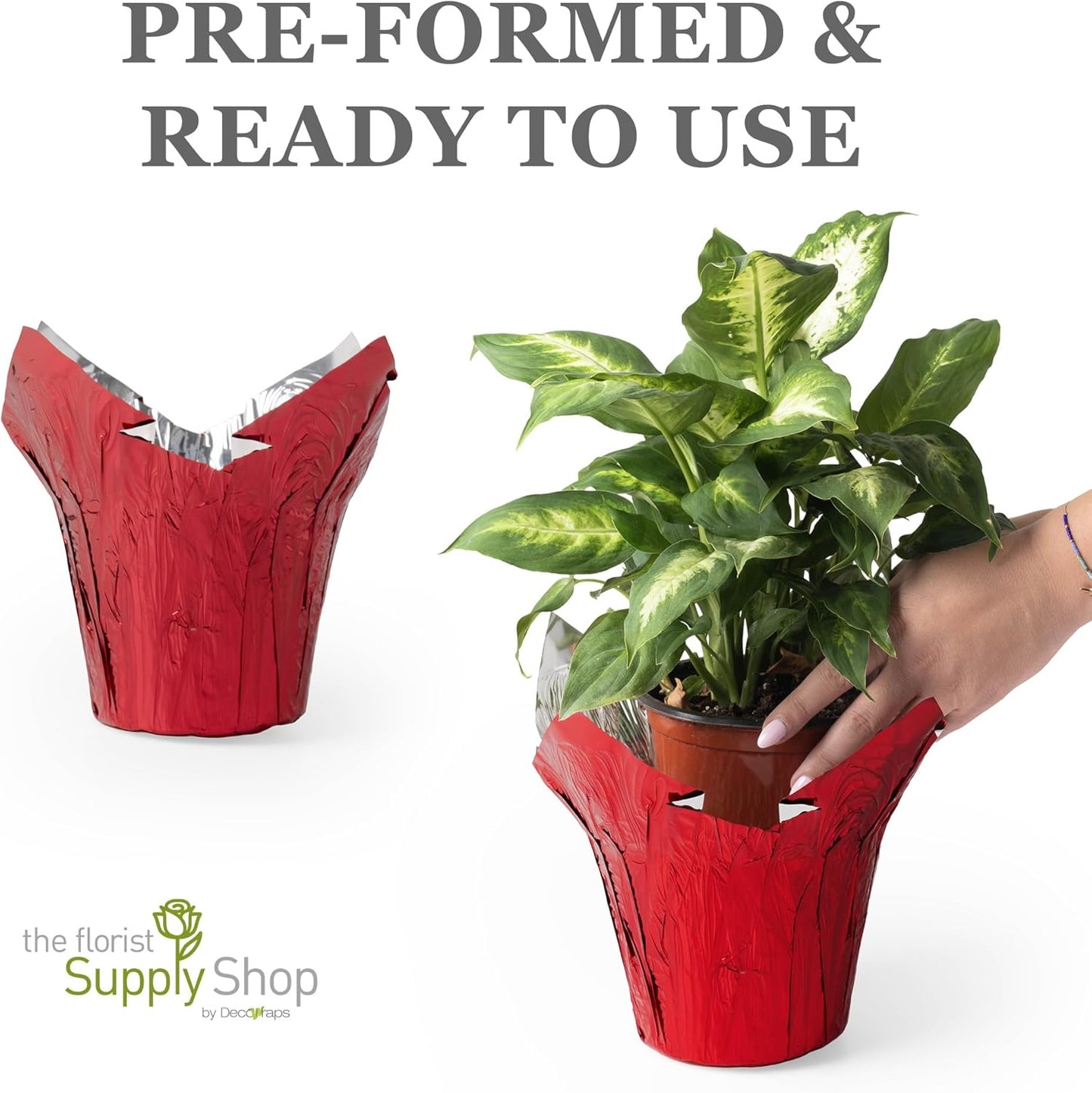 4.5” STD Plant Pot Covers, Decorative Plant Sleeve for Indoor & Outdoor House Plants, Reusable and Gift-Ready Foil Wrap for Flower Pots, Red Metallic, Pack of 5