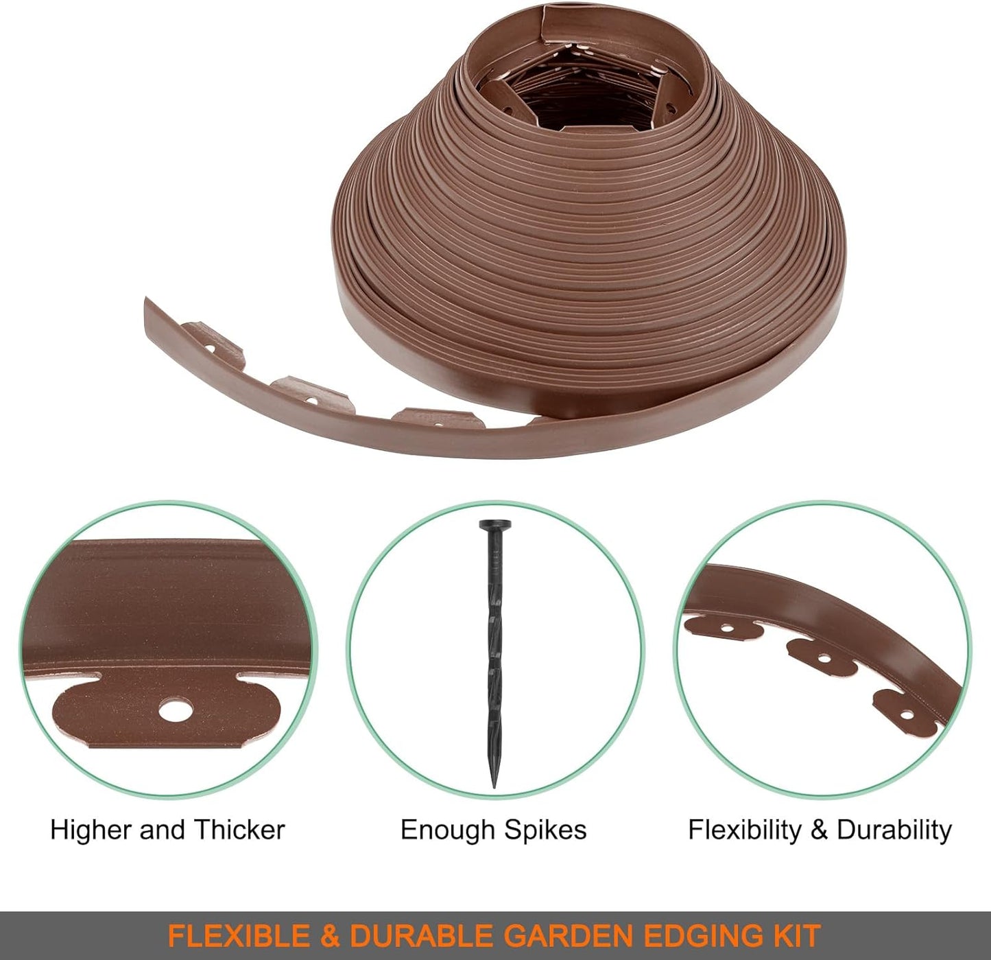 Garden Edging - 100 Feet Plastic Landscaping Edging Border with 93 Pack Spikes Apply to Flower Beds/Grass Lawn/Yard (1.57Inches Tall, Brown)
