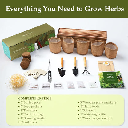 5 Herb Garden Planter Indoor with Wooden Box, Home Kitchen Seed Starter Kit Including Basil, Thyme, Parsley, Rosemary, Mint, Birthday, Mothers Day, House Warming, Gardening Gifts for Women, Mom