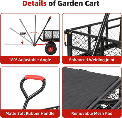 Heavy Duty Steel Garden Dump Cart, 880LBS Meatl Utility Wagon with Removable Sides & 180° Rotating Handle, Utility Dump Cart with 10-Inch All Terrain Wheels for Yard Lawn and Farm