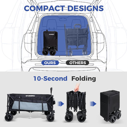 FUNDANGO 600lbs Heavy Duty Wagon, Foldable Beach Collapsible Wagons Garden Cart with Brakes, Side Pockets & All-Terrain Big Wheels for Sports Camping Shopping Groceries, Black