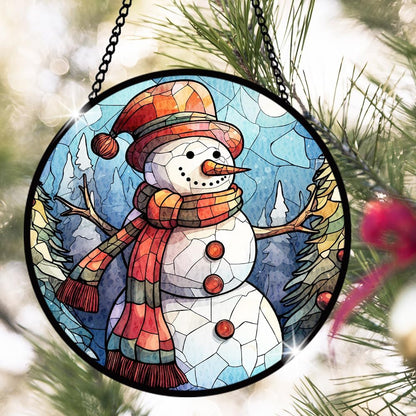 Snowman Stained Glass Window Hanging, Snowman Suncatcher Panel for Indoor Outdoor, Xmas Glass Hanging Ornament for Wall, Balcony, Porch Décor, Christmas Party Decoration Gifts for Boys Girls, Family