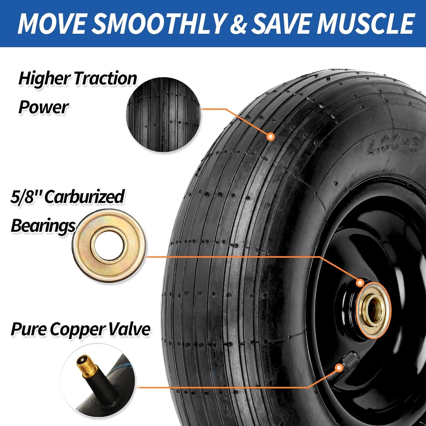 4.00-6 Tire and Wheel, 13" Wheelbarrow Pneumatic Tire, 5/8" & 3/4" Bearings, 1.75-6" Centered Hub,Sealed Bearings for Wheelbarrows Trolley Dolly Garden Wagon Cart Wheel Replacement
