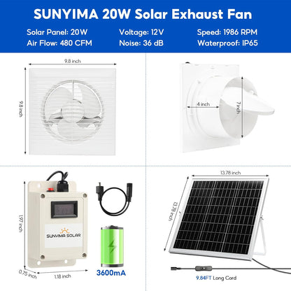 SUNYIMA Solar Powered Fan with Battery,20W Solar Panel Weatherproof+ 8'' Solar Exhaust Fan with 9.84Ft On/Off Cable for Greenhouse Circulation, Chicken Coop, Shed, Pet Houses, Ventilation