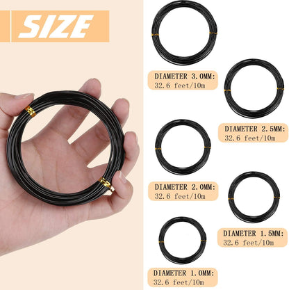 10 Rolls Bonsai Wires Anodized Aluminum Bonsai Training Wire in 5 Sizes - 1.0 mm, 1.5 mm, 2.0 mm, 2.5 mm, 3.0 mm, Total 164 Feet (Black)