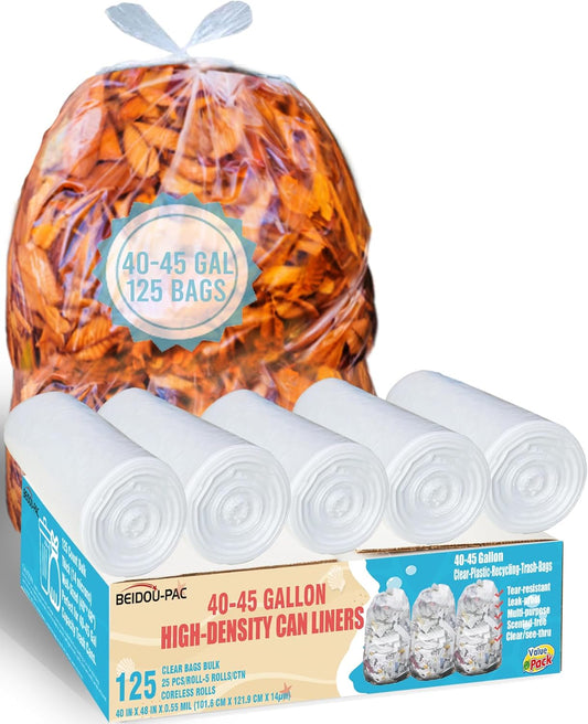 40-45 Gallon Lawn & Leaf Trash Bags, 125 Count Bulk, Heavy Duty Clear Plastic Recycling Bags