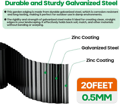 Corrugated Metal Garden Edging,Sturdy Tall Landscape Edging Borders with 6pcs Anchor Stakes, Perfect DIY for Flower Beds, Lawn and Pathway,Tree Surrounds,Paver Edges (Black 6"×20FT)
