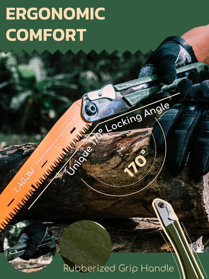 LAGOM Folding Camp Saw for Cutting Branches, 11.4" Straight Blade | SK5 Steel, Ergonomic Handle, One-Hand Use, Secure Lock | Foldable Pruning Tool for Camping, Gardening, Survival, Kayaking, Outdoors