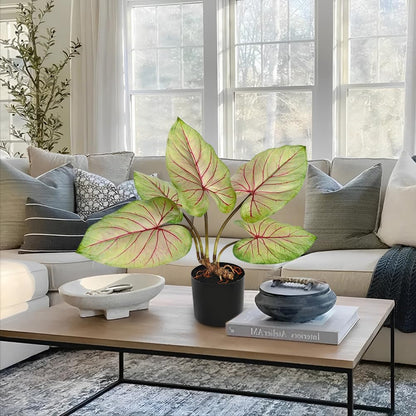 Briful 22'' Tall Fake Plants Artificial Caladium Plants in Black Pot Realistic Potted Faux Plant Indoor for Home Decor Wedding Farmhouse Centerpiece, Wide Yellow-Pink Leaf