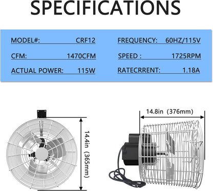 Greenhouse Air Circulation 1/10 HP 115V Ceiling Wall Mount Fan 1470CFM High Speed Circulation Fan for Greenhouse, Warehouse, Patio, Garage