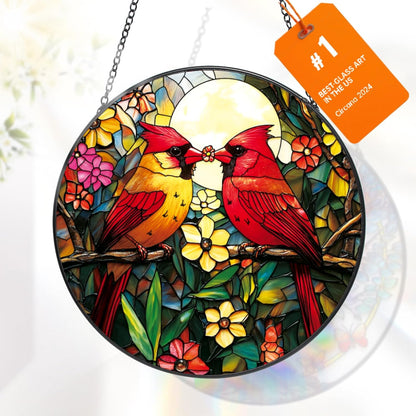 6.3" Cardinal Stained Glass Suncatcher - Handcrafted Red Bird Sun Catcher, Painted Glass Panel Decor, Gift for Bird Lovers, Mom, Grandma, Sun Catchers Indoor Window