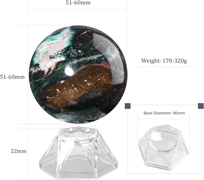 Natural Ocean Jasper Crystal Ball with Acrylic Display Base, 51-60mm Polished Stone Feng Shui Crystal Sphere Meditation Decoration for Home & Office