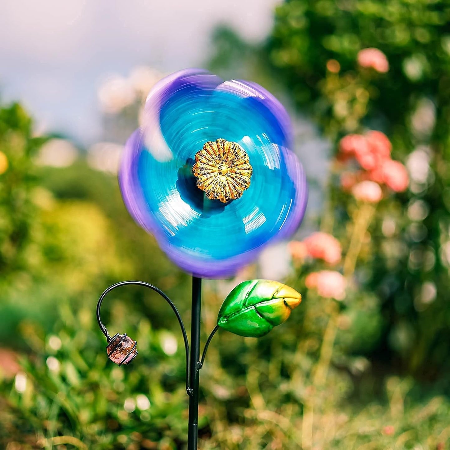 Viveta Wind Spinner with Metal Stake, 28.7 inches Outdoor Garden Pinwheels Spinners Blue Flower Shape Design for Yard Lawn Patio Decor