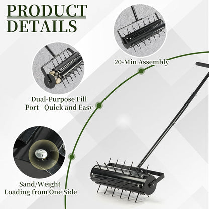 VINGLI Rolling Lawn Aerator with T-Shaped Handle, 17 inch Manual Aerator Tool, Lawn Aerator Spike Tool with 36 Spikes for Garden Yard Soil Health Maintaining, Black