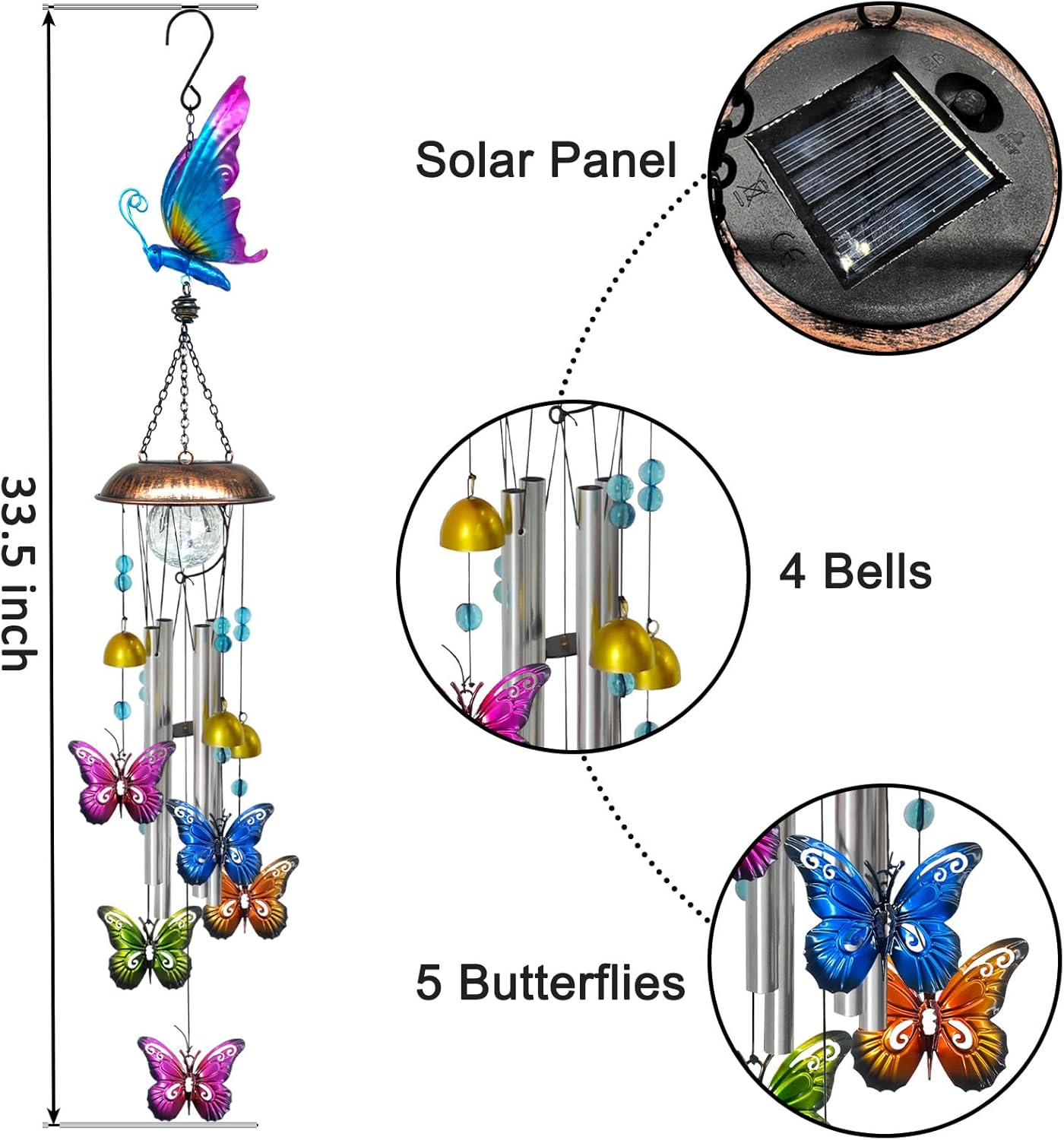 Solar Wind Chimes for Outside, 33.5 Inch Butterfly Wind Chimes Outdoors with Crackled Glass Ball Decorative Hanging in Garden, Yard, Patio