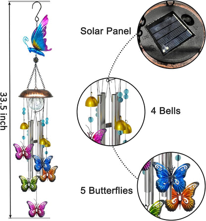 Solar Wind Chimes for Outside, 33.5 Inch Butterfly Wind Chimes Outdoors with Crackled Glass Ball Decorative Hanging in Garden, Yard, Patio
