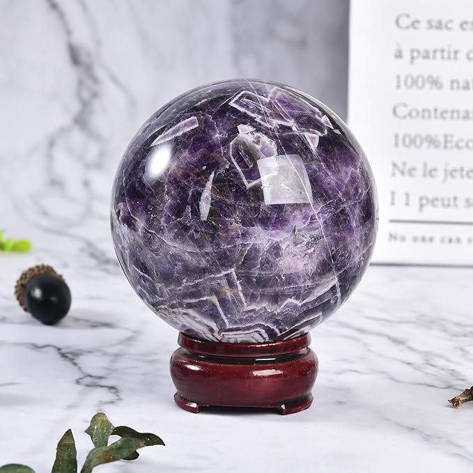 JIC Gem 2.7-3.1 inch(70-80mm) Large Chevron Amethyst Crystal Ball Healing Crystals Sphere with Wooden Stand Meditation Home Decor