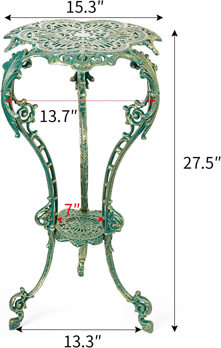 Sungmor Vintage Cast Iron Plant Stand - Ornate Green Pedestal Table for Indoor Outdoor Garden, 27.5" Antique Metal Flower Pot Holder, Victorian Style Plant Display Stand - Patio, Porch, Balcony Décor