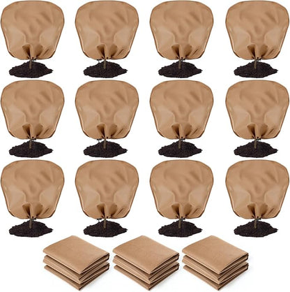 12 Pcs Winter Plant Covers Freeze Protection Reusable Plant Protector Bag with Drawstring Warm Shrubs Cover Frost Protection Planting Jacket Bags for Outdoor Garden, Brown (39.4 x 39.4 Inch)