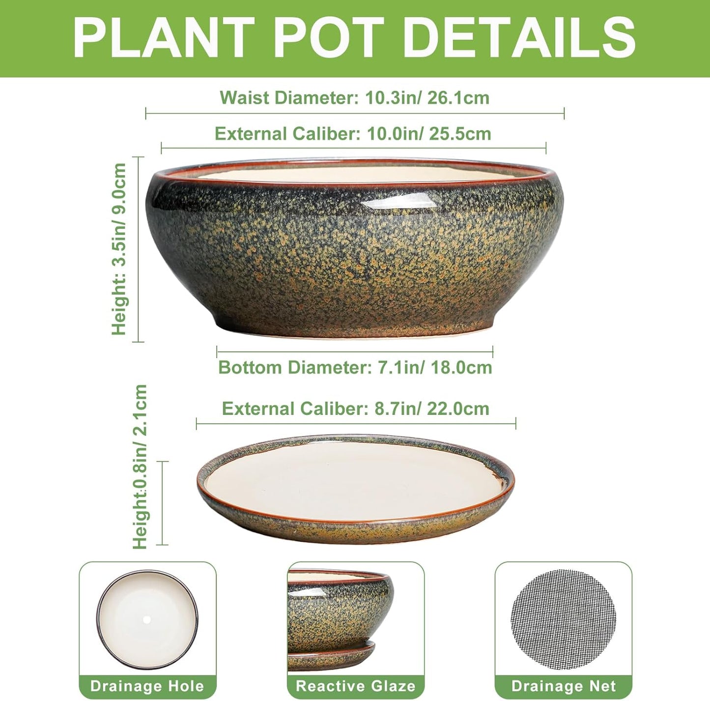 SQOWL Bonsai Planter - 10 Inch Ceramic Succulent Pots, Shallow Plant Pot Indoor with Drainage Hole and Saucer, Ceramic Bonsai Pots, Round Planter Bowl Outdoor, House Decor, Plant Lover Gifts, Brown