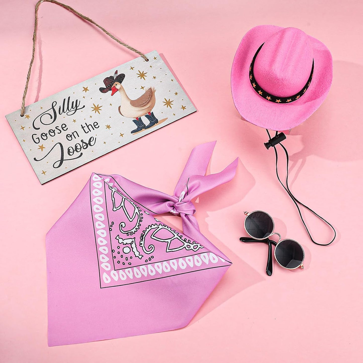 Western Cowboy Porch Goose Outfits, Lawn Cement Plastic Goose, Silly Goose on The Loose Wood Cowboy Hat Bandana Glasses (Pink)