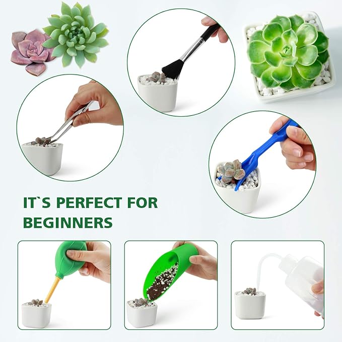 G GOOD GAIN Garden Succulent Kit with Organizer Bag, 14 Pieces Succulent Tools, Indoor Mini Hand Gardening Tools Set with Carrier for Bonsai Planter Miniature Fairy Planting Care(Honeysuckle)