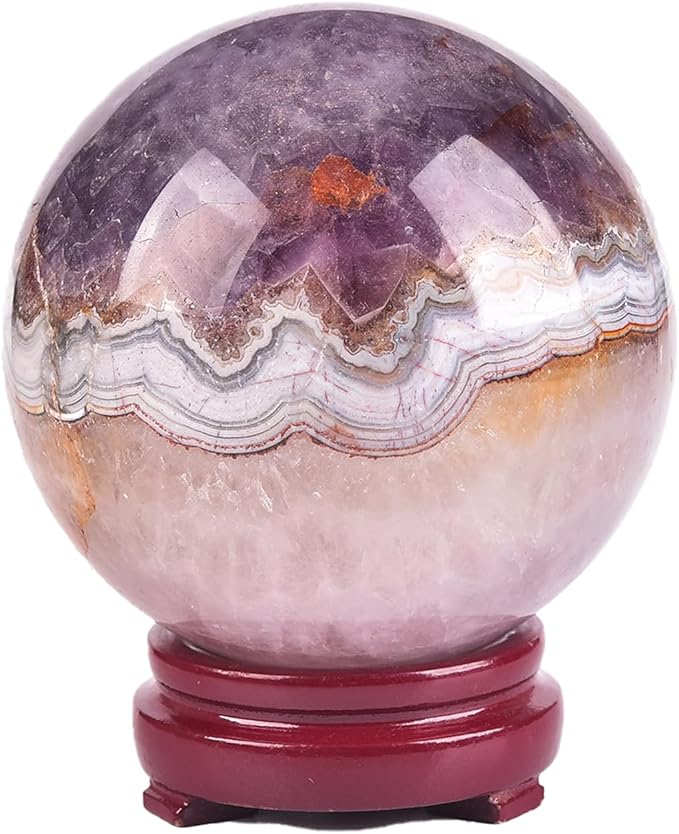 JIC Gem Large Healing Crystal Sphere Ball with Wooden Stand Amethyst Agate Crystal Decorative Ball Meditation Feng Shui Decor 90-100mm