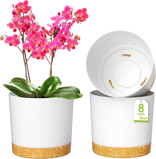 ZMTECH Plant Pots, Set of 3 8'' Self Watering Plastic Planter with Drainage Hole and Saucer, Modern Decorative Flower Pot for Indoor Outdoor House Plants, Succulents, Flowers - White
