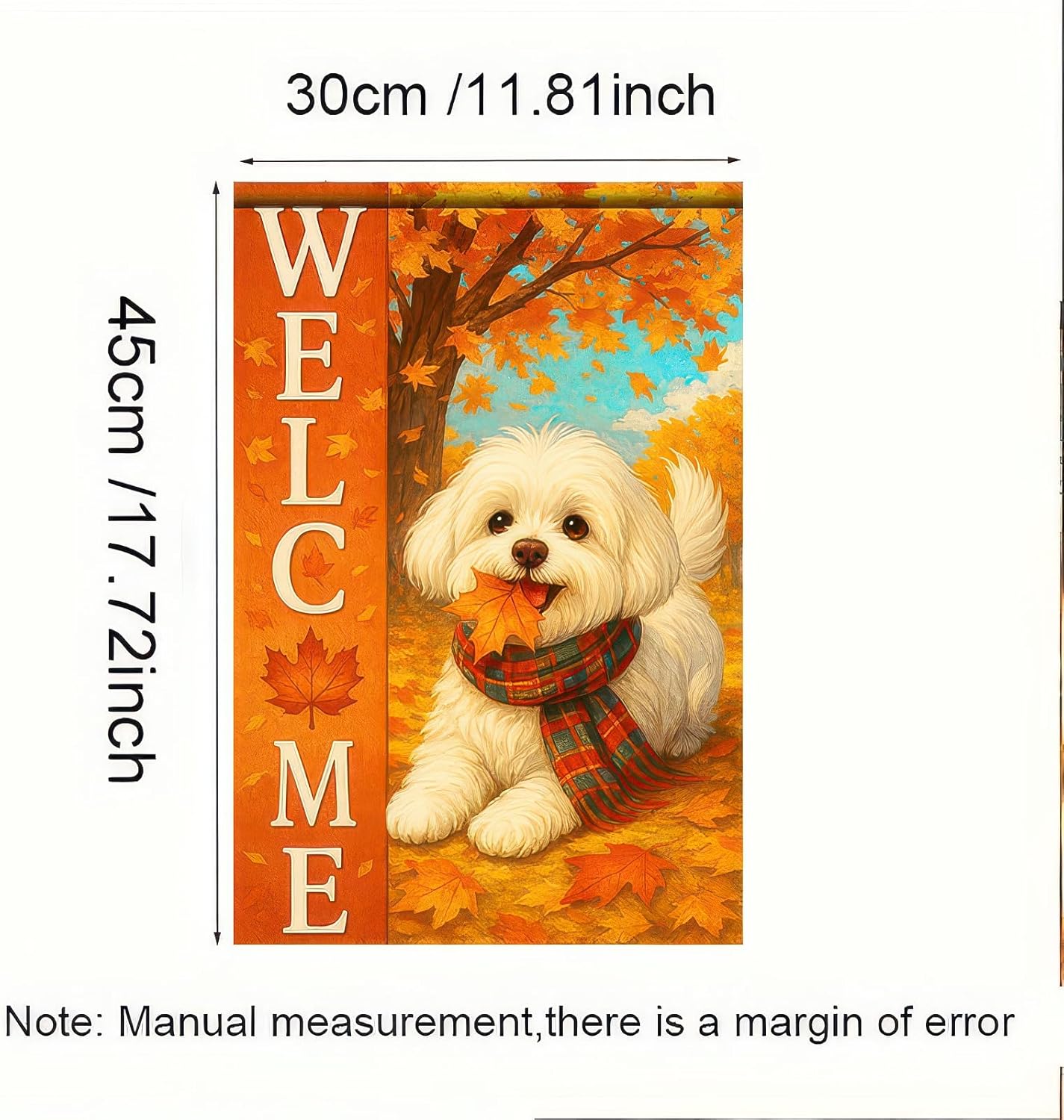 Thanksgiving Fall Garden Flag 12x18 Inch Welcome Bichon Frise Dog Outdoor Flag Double Sided Autumn Puppy Yard Banner with Plaid Scarf and Leaves Decor for Porch Lawn Patio
