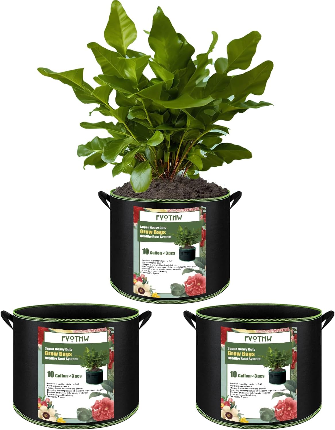 3-Pack 10 Gallon Plant Grow Bags, Thickened Nonwoven Fabric Pots with Handles,Durable Garden Planters Aeration Gardening Container to for Plants, Vegetables, and Flowers