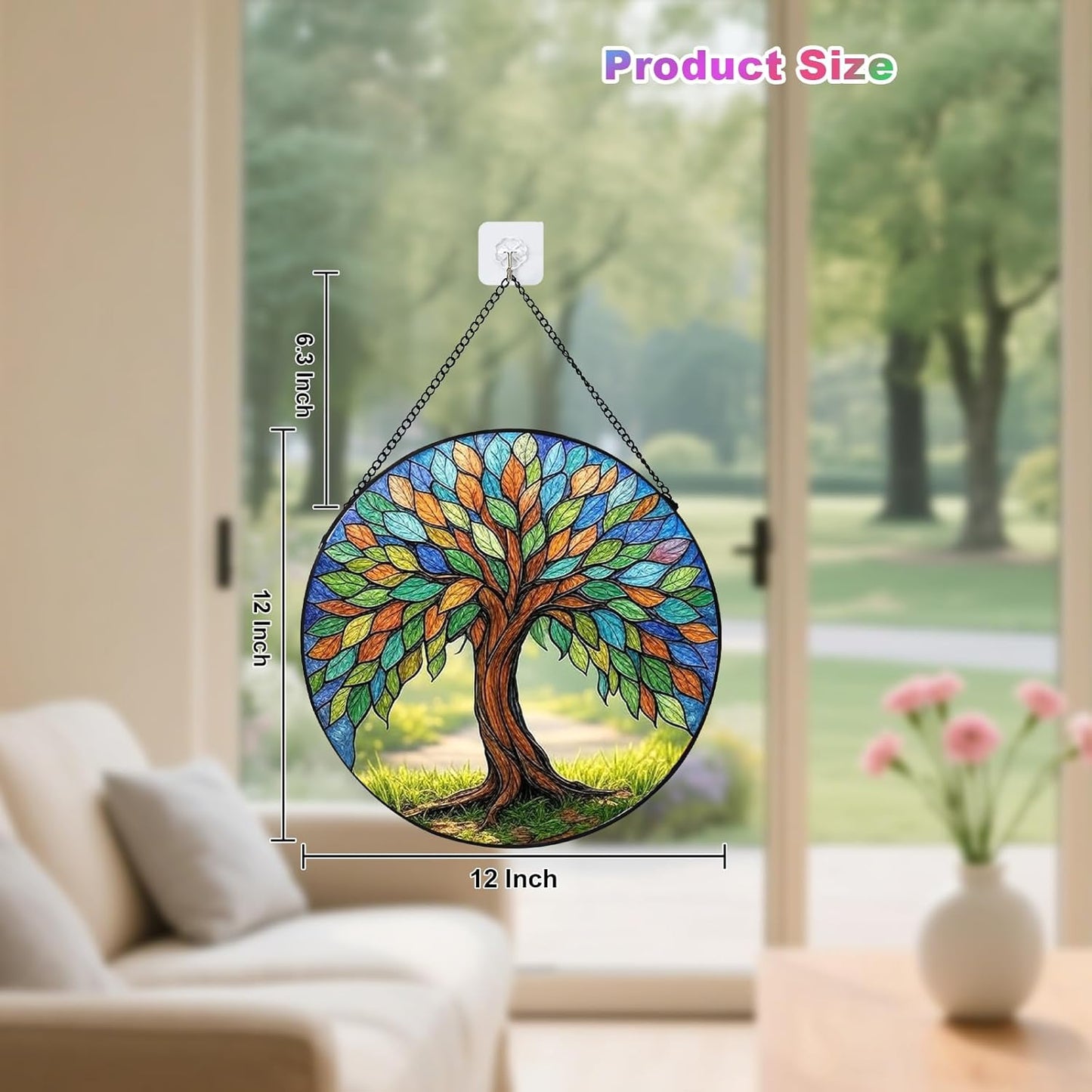 Stained Glass Window Hanging – Colorful Tree of Life Sun Catcher Round Glass Panel, Vibrant Window Decor Suncatchers for Windows Hanging Gift for Women, Mom, Wife, Friends (12 Inch)