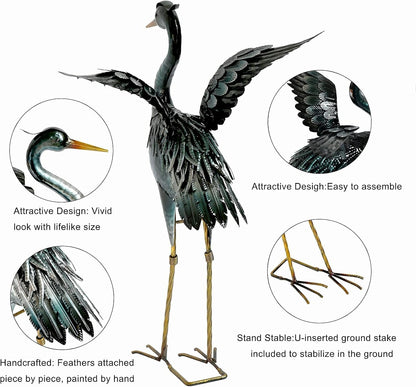 chisheen Crane Garden Statue Sculpture, Metal Heron Outdoor Decor, Yard Art Bird Decoy for Backyard Pond Patio Porch Lawn Decorations