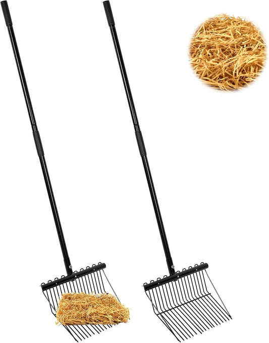 lukar 2 Sets Metal Manure Fork with Long Metal Handle, 18 Tines Manure Fork Head Horse Manure Rake, Heavy Duty Gardening Muck Rake for Picking Up Manure, Grass and Hay