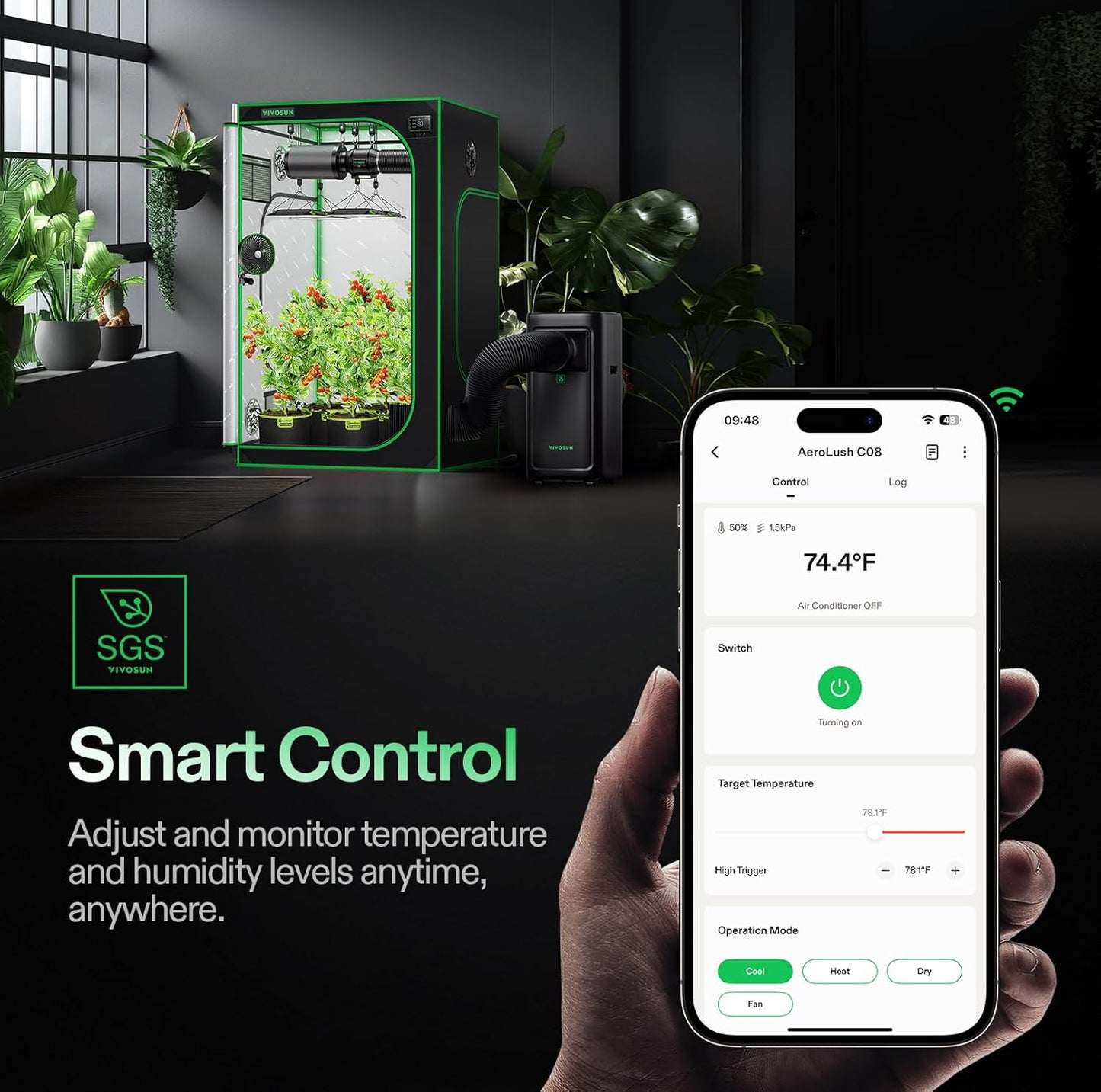 VIVOSUN AeroLush C08 Smart Air Conditioner, 8000BTU, 4-in-1 Function, with Temperature & Humidity Sensor Probe, Smart Remote Control, Designed for Growing Environments