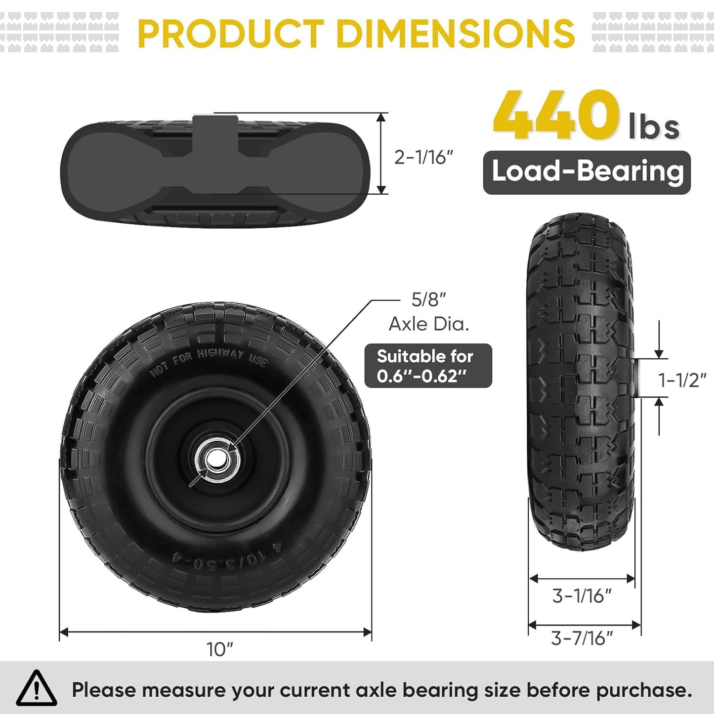 TICONN 10" Solid Tires, 4 Pack Flat Free 4.10/3.50-4'' Wheels with 5/8” Axle Bore Hole and Double Sealed Bearings (Black, 4PK)