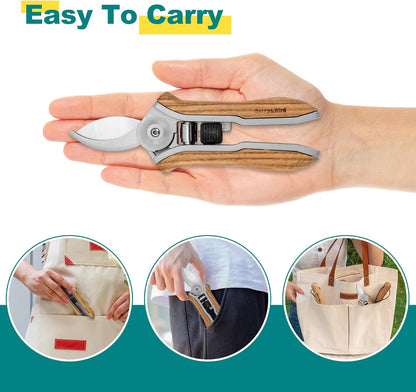 Berry&Bird Mini Pruning Shears for Gardening Curved Blades Hand Pruners with Wooden Handle Garden Scissors Snips Stainless Steel Trimming Small Clippers Bonsai Compact Size Sheaering Tool
