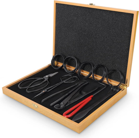 Bonsai Tools Set with Wood Box 12PCS Heavy Duty Bonsai Tree Kit, Trimming Scissor Shears, Concave Cutter, Wire Rolls, Wire Cutter and More, Gardening Pruning & Care Kit