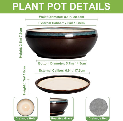 SQOWL Succulent Planters 8 Inch - Ceramic Bonsai Pots with Drainage Hole and Ceramic Saucer, Round Shallow Planter for Indoor Plant, Bowl Planter Outdoor, Desk Decor, Gift for Plant Lover, Blue-Brown