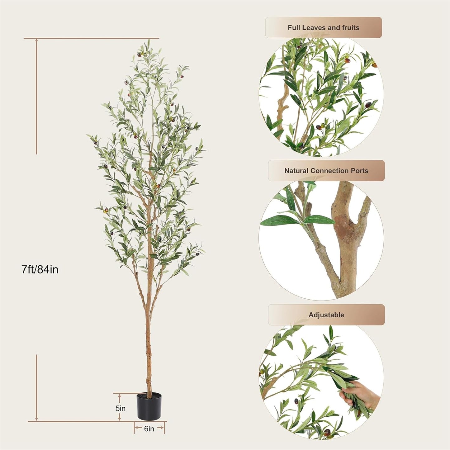 Bellacat Faux Olive Tree 7ft，Olive Trees Artificial Indoor with Natural Wood Trunk and Realistic Leaves and Fruits. 7 Feet(84in) Fake Olive Tree for Home House Office Décor.