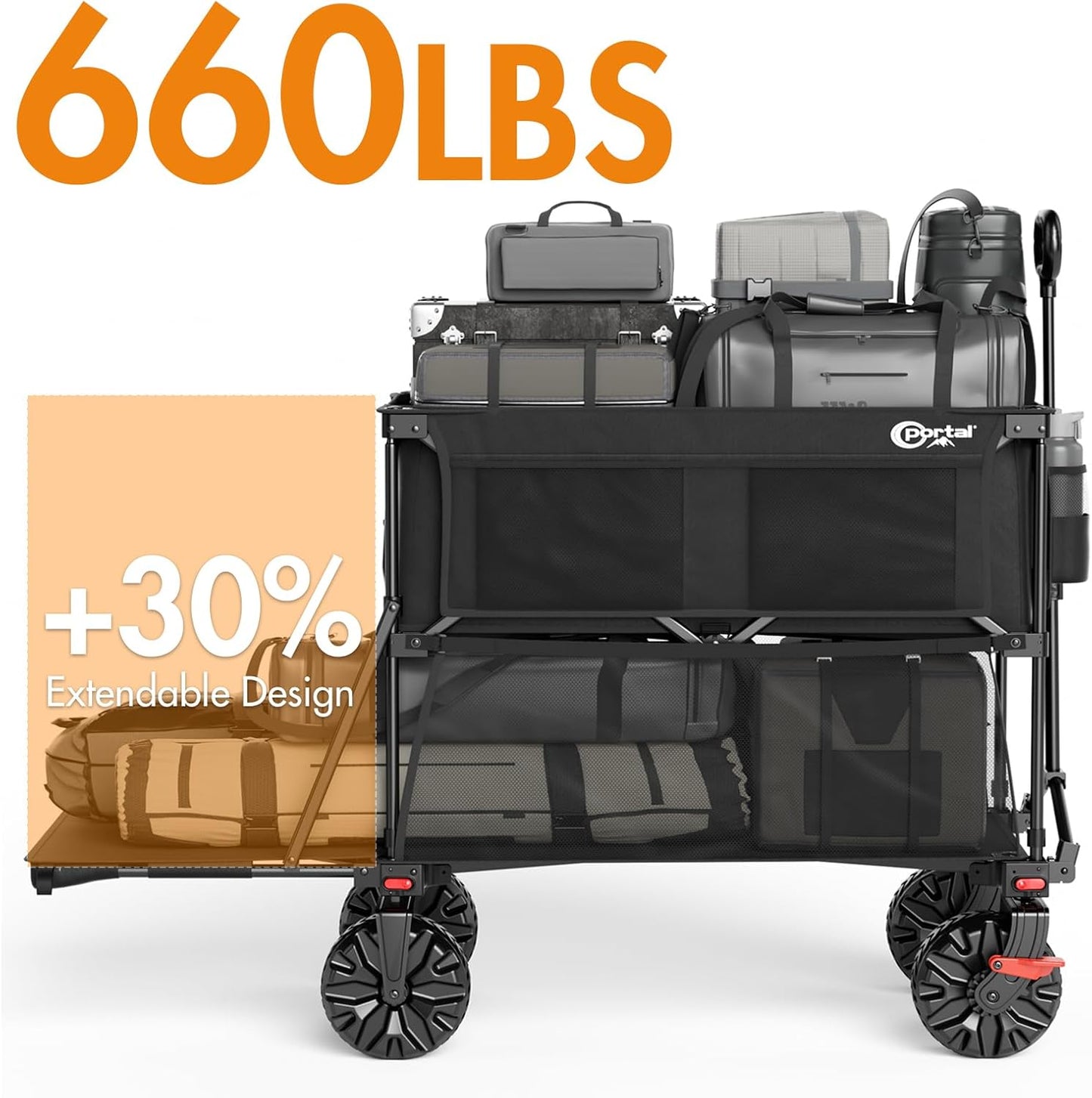 Portal Collapsible Large Double Decker Wagon with Brakes, 660lb Foldable Heavy Duty Utility Wagon Cart, 400L All-Terrain Big Wheels & 54" Extra Long Extender for Sports, Camping & Outdoor Use