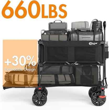 Portal Collapsible Large Double Decker Wagon with Brakes, 660lb Foldable Heavy Duty Utility Wagon Cart, 400L All-Terrain Big Wheels & 54" Extra Long Extender for Sports, Camping & Outdoor Use