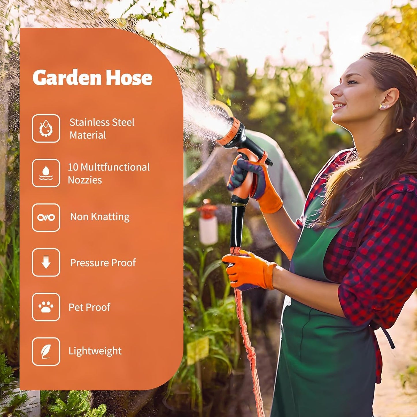 Garden Hose 75 ft,Non-Expanding,10 Functional Nozzles,Garden Hose Anti-Kink,Heavy Duty Flexible Water Hose 75 ft,Suitable for Outdoor,Yard, Car Washing and Other Scenes.(orange color, 75ft)