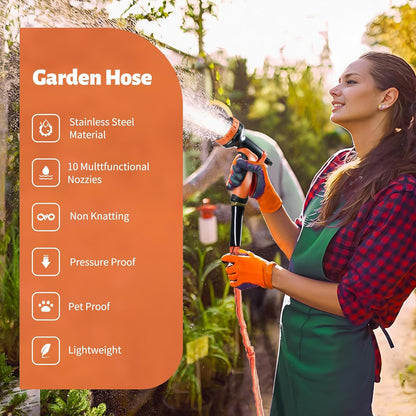 Garden Hose 25 FT,Non-Expanding,10 Functional Nozzles,Garden Hose Anti-Kink,Heavy Duty Flexible Water Hose 25 FT,Suitable for Outdoor,Yard, Car Washing and Other Scenes. (orange color, 25ft)
