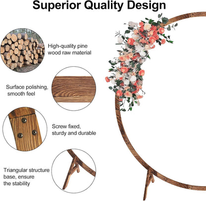 6.6FT Round Wooden Wedding Arch, Wooden Arch Backdrop with Natural Finish, Rustic Wedding Arch for Ceremony Bridal Shower Garden Decor