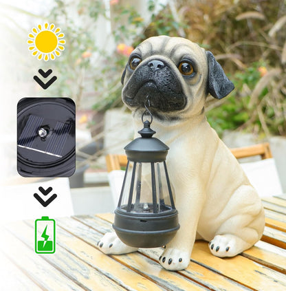 Afirst Solar Dog Garden Statue with Solar Lantern Outdoor Garden Pug Statues Figurines Lights Decorations for Patio Balcony Yard Ornament Outdoor Decor Gift