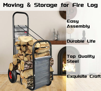 Firewood Cart: 44 X 27 X 20 in Heavy Duty 220 lbs Load Pneumatic Tires for Garden Backyard Fireplace Men Women Use