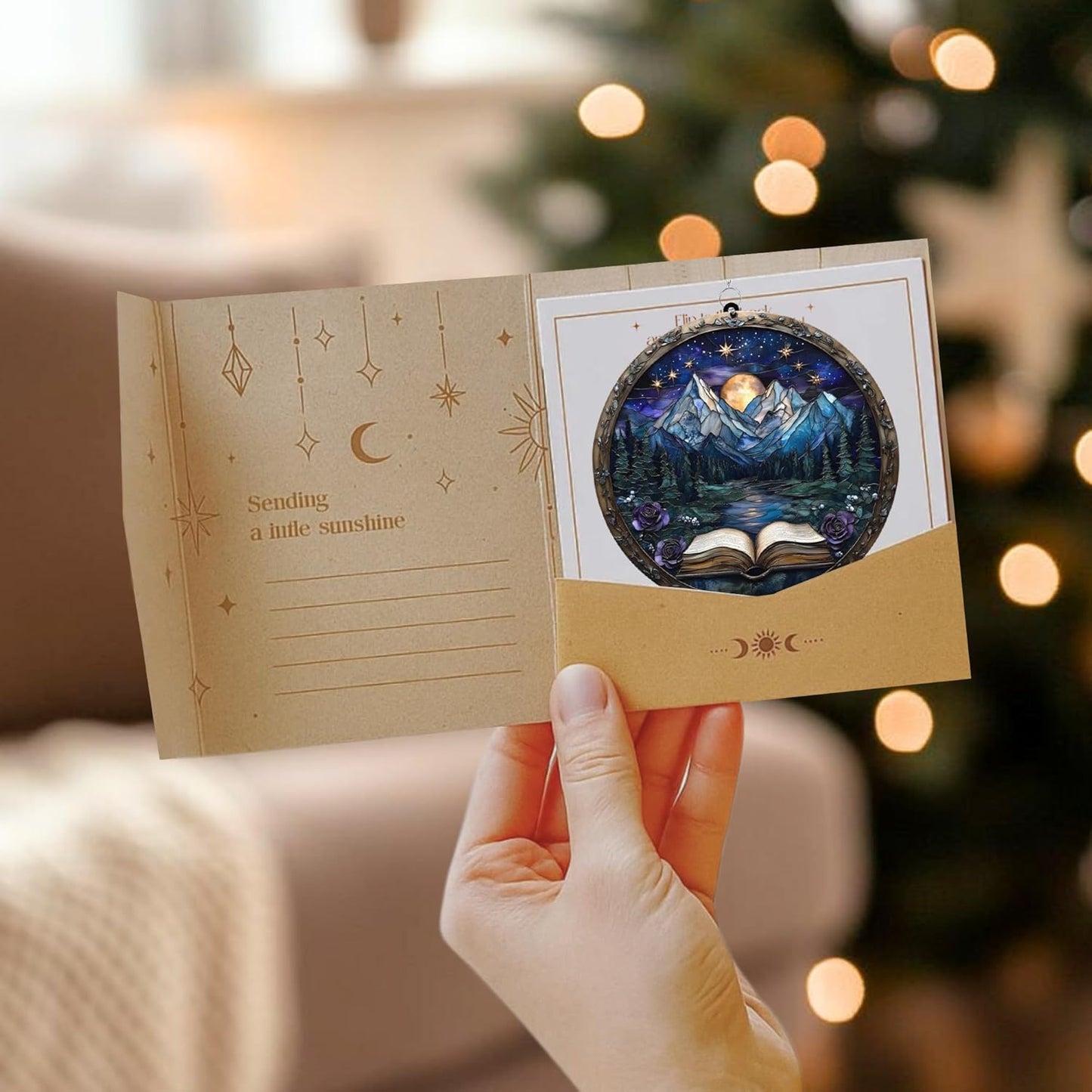 Mountain Books Bookish Acrylic Suncatcher Stained Glass Effect Window Car Hanging Christmas Ornament Indoor Outdoor Decor Garden Bookworm Sun Catcher Book Lover for Women Mom Grandma