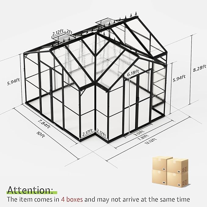 AMERLIFE 12x10x8 FT Hybrid Polycarbonate Walk-in Greenhouse for Outdoors, Aluminum Frame with Quick-Connect Assembly, Double Doors, Ventilation for Backyard Garden, Black