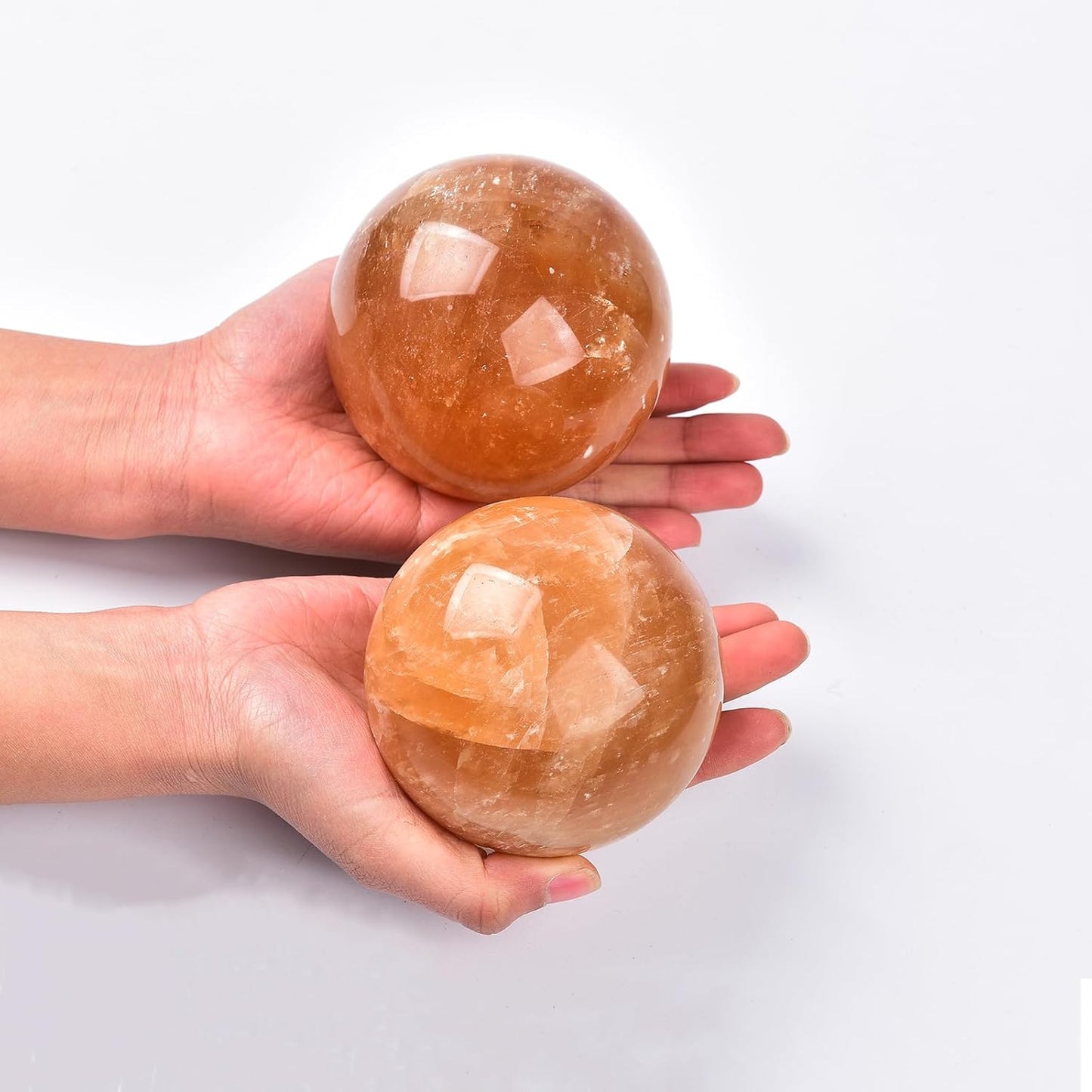 JIC Gem Healing Crystal Ball Stripe Orange Calcite Sphere Ball Decorative Ball with Wood Stand for Fengshui and Decoration (90-100mm)
